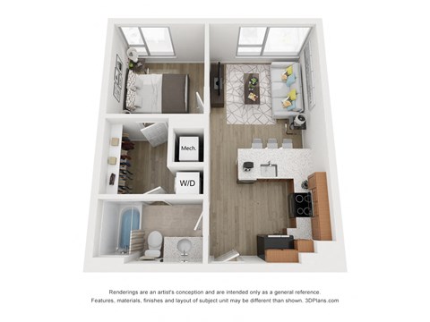 Floor plan for 1 bed, 1 bath, 567 sqft